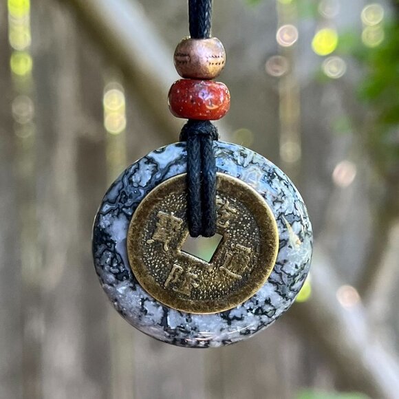 Black Crazy Lace Agate and Lucky Coin Pendant | Handmade - Picture 3 of 5